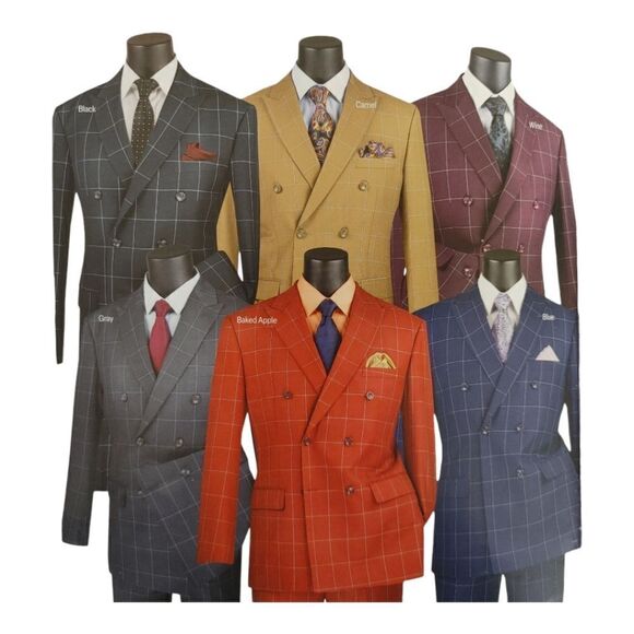 MEN'S VINCI 2 PIECE MODERN FIT WINDOWPANE DOUBLE BREASTED SUIT. MDW-1 WINE-WHITE - Picture 2 of 3